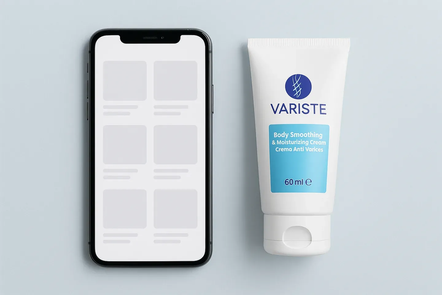 Celular con una cuadrícula de anuncios sin marca junto al tubo original de Variste de 60 ml